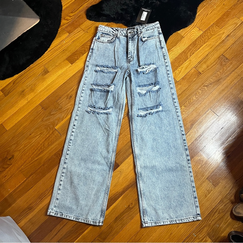 Pretty Little Thing Vintage Wash Distressed Wide Leg Jeans Size 8